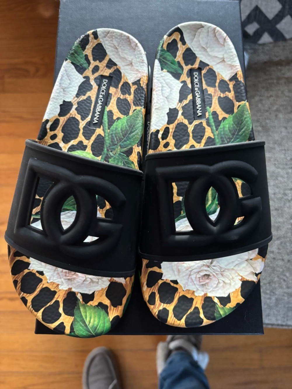 Dolce & Gabbana Black Logo Slide Sandals with Leopard and Green Floral Print - Picture 6 of 11